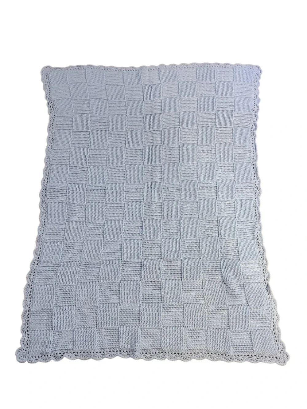 Knit Baby Blanket Light Blue Basketweave Scalloped Crochet Trim Handmade